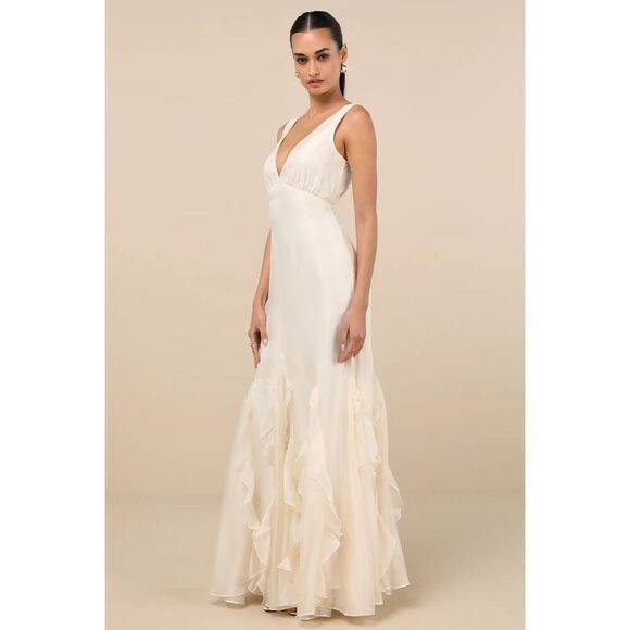 Lulus Deluca Ivory Sleeveless Ruffled Maxi Dress Size L NWT - Picture 4 of 10